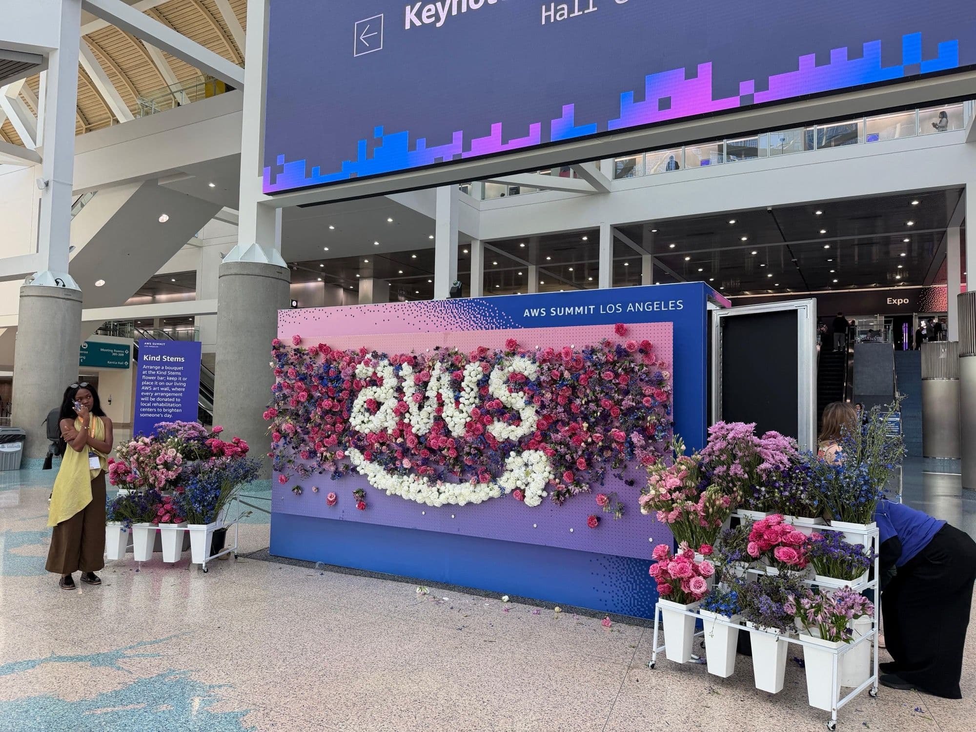 AWS Summit Los Angeles flower wall inside the convention center.
